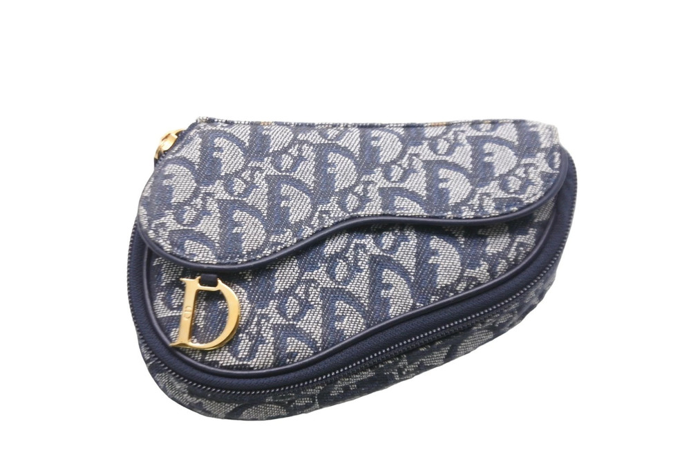 Christian Dior Trotter Pouch Clutch Navy Blue Canvas Leather